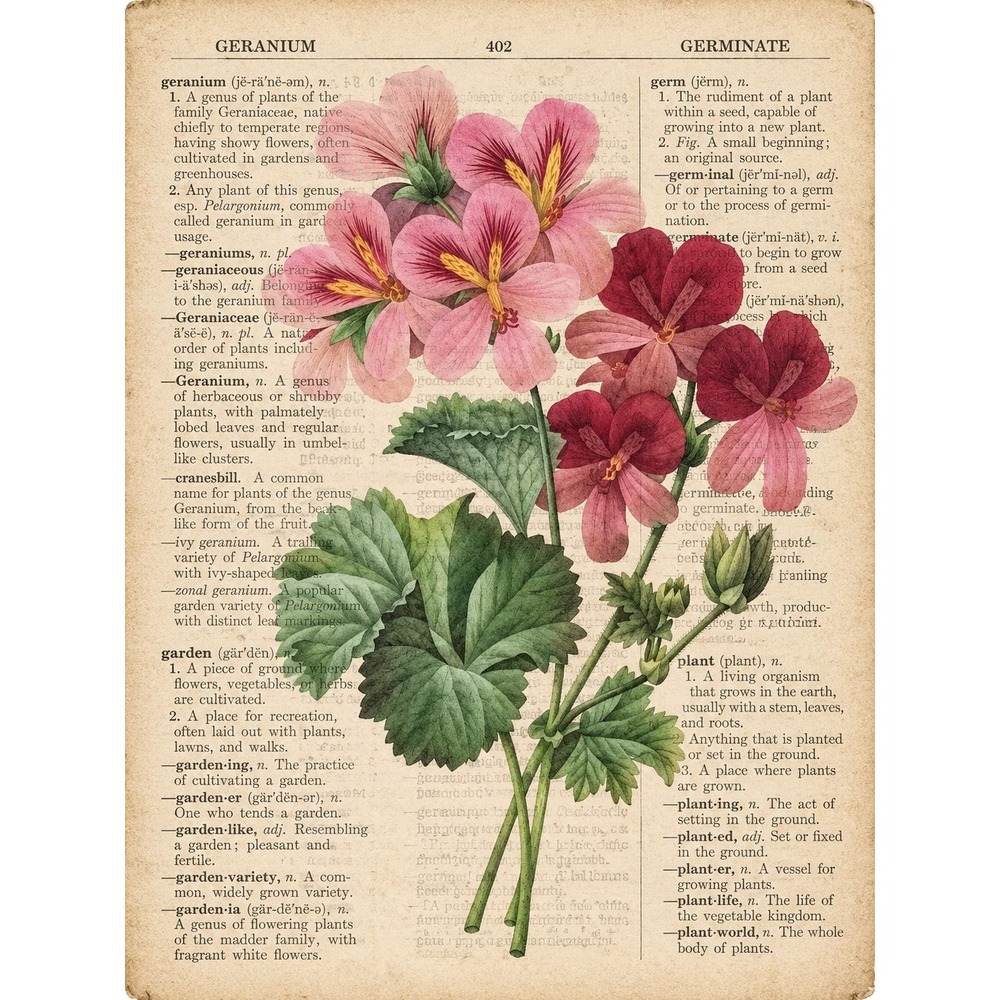 Geranium Botanical Art Print Vintage Dictionary Page Redoute Floral Wall Decor